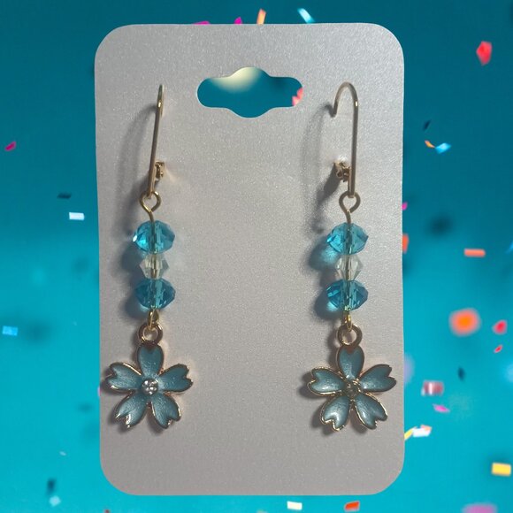 Flower Earrings with Crystal Beads on Gold Plated Leverbacks Handcrafted - Picture 1 of 3